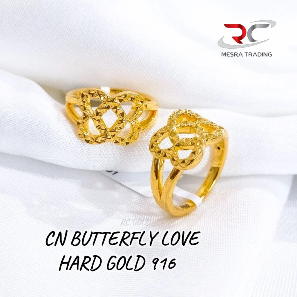 CINCIN BUTTERFLY LOVE EMAS TULEN 916 CN BUNGA PAHAT HARD GOLD BAJET EMAS 916 SIMPLE FASHION GOLD RING 916 蝴蝶花硬金戒指