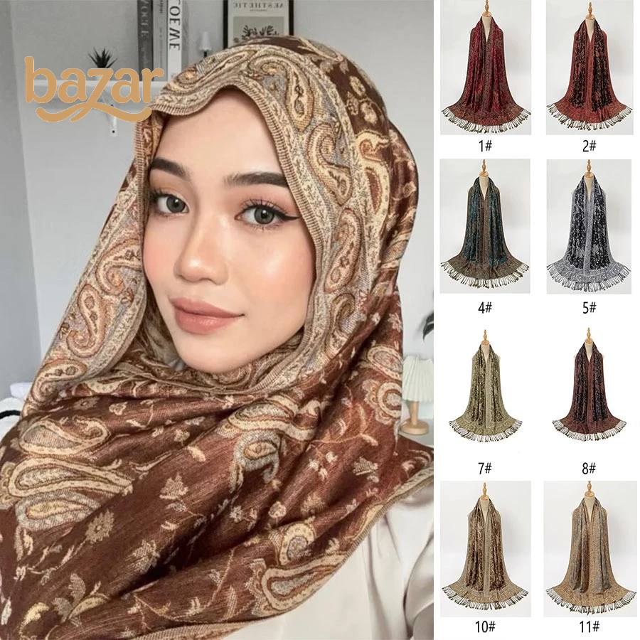 BAZAR Hijab Embroidery Cashew Headscarf Soft Jacquard Pashmina Shawl 180x70cm Tassel Long Wraps Muslim Women