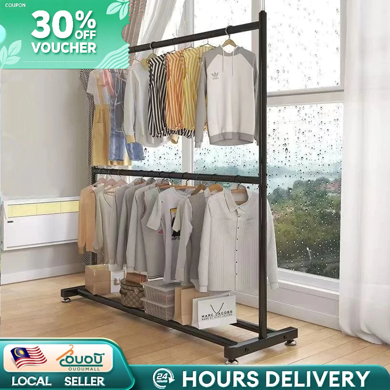 Ou 200CM Double Pole Clothes Hanging Rack Strong Steel Laundry Rack Cloth Hanger Rack Rak Ampaian Penyidai Baju 晾衣架