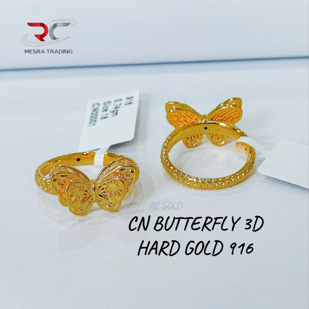 CINCIN BUTTERFLY 3D EMAS TULEN 916 CN RIBBON GOLD HARD GOLD BAJET EMAS 916 SIMPLE FASHION GOLD RING 916 3D蝴蝶硬金戒指