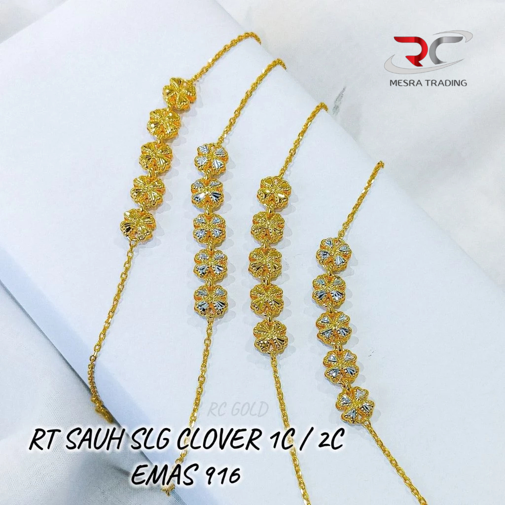 RANTAI TANGAN SAUH SELANG CLOVER EMAS TULEN 916 RT SAUH BAJET BUNGA EMAS 916 GELANG FESYEN 916 GOLD BRACELET 916 四叶草金