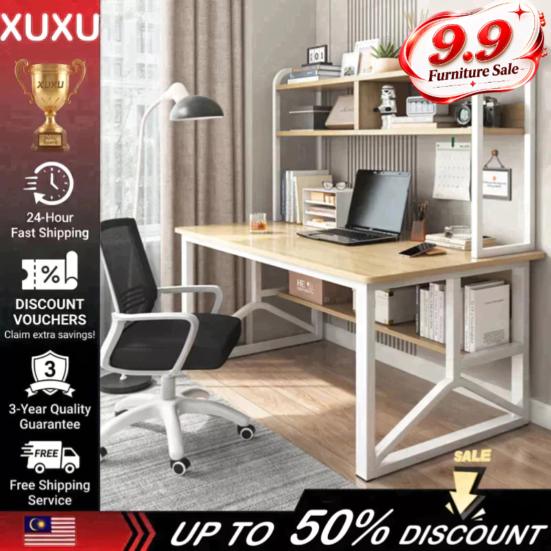XUXU-Meja Computer Desk With Bookshelf Study Table With Storage Rack Modern Office Double Layer Support