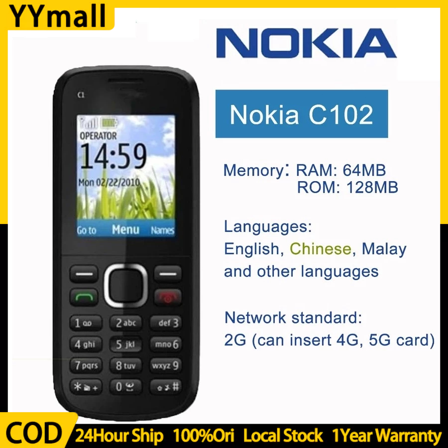Nokia C102 Mobile Phone Original Product Loud Big Font Super Long Standby Button Elderly Machine Free charger