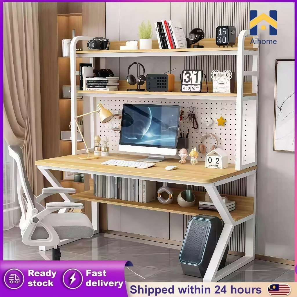 AH Computer Desk With Bookshelf Meja Belajar Pegboard Organizer Large Worktop For Study Home Office