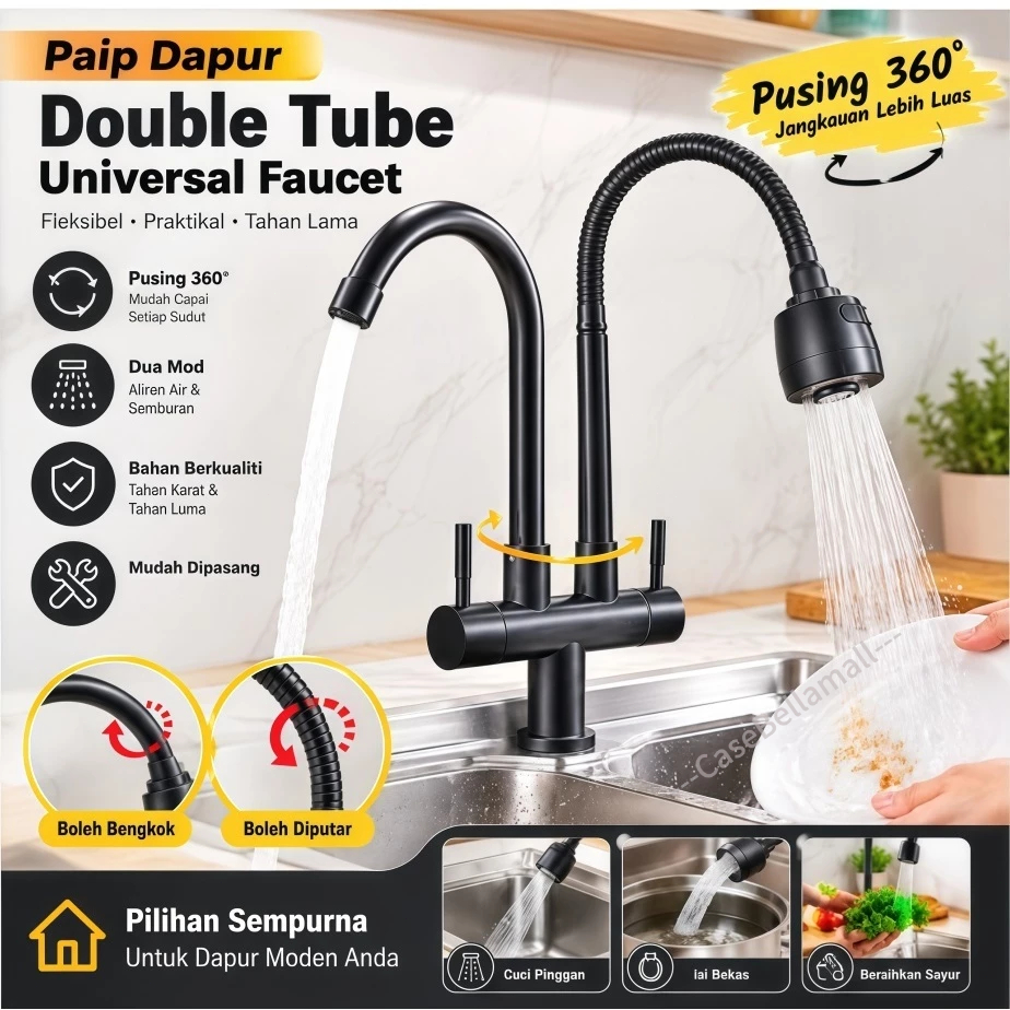 Ready Stock COD Paip Berganda SUS304, Pemasangan Mudah, Kitchen Bathroom Balcony Faucet,Perak/Hitam,Multi Styles