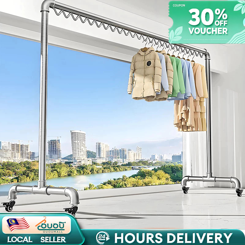 Mega Sale Iron Pipe Clothes Rack With Wheels Heavy Duty Stainless Pengering Pakaian Ampaian Baju Rak Baju 衣架