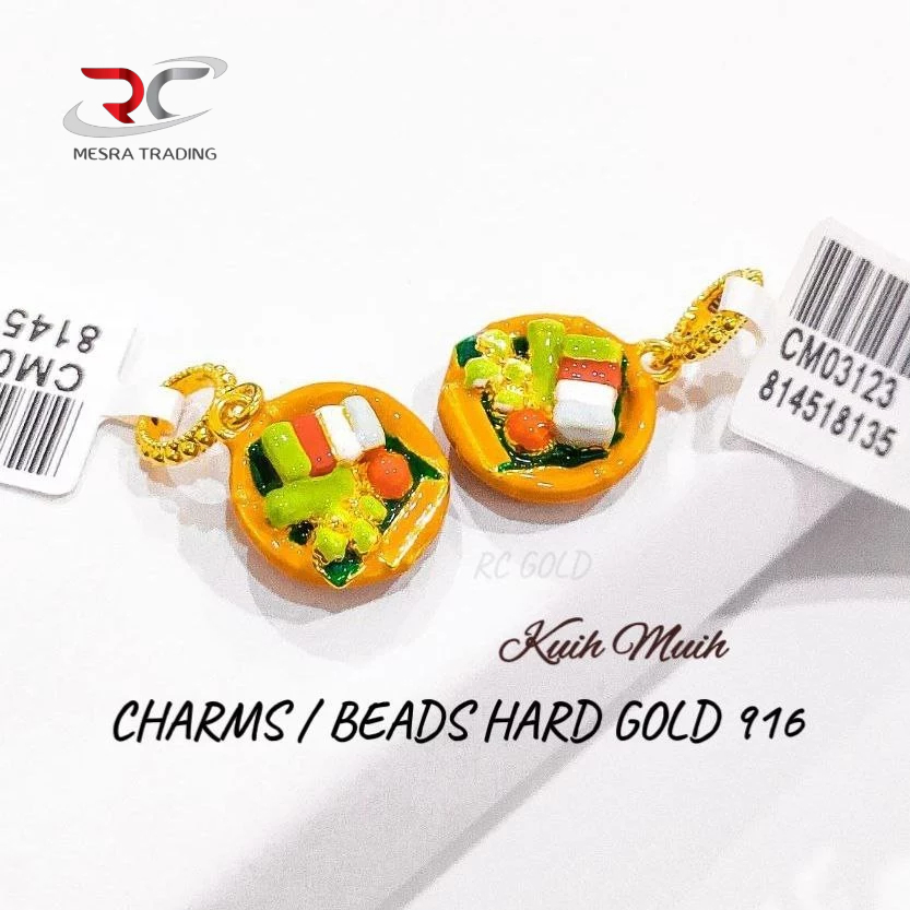 CHARM KUIH MUIH EMAS TULEN 916 FOOD COLLECTION HARD GOLD 916 CUTE PENDANT EMAS 916 LOKET CHARMS COLOUR GOLD 916 糕点美食串饰