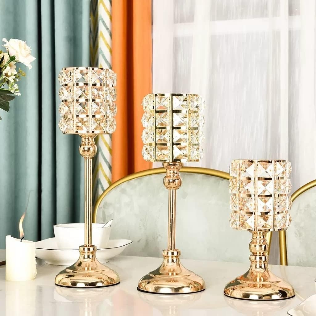 Vintage Crystal Candle Holder Golden Tealight Candlestick Table Centerpiece Candle Stand Wedding Party Home Decoration