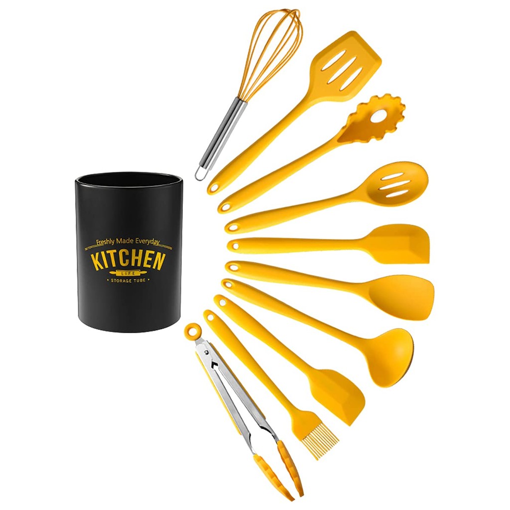 Shumeifang Kitchen Tools Cooking Utensils 10-Piece Set Kitchen Tool Set Cooking Tools Utensils Kitchen Supplies Heat-Resistant Silicone Japan Food Safety Certified FDA Certified Kitchen Supplies Cooking Cooking Baking Utensils Spatula with Storage (Yello