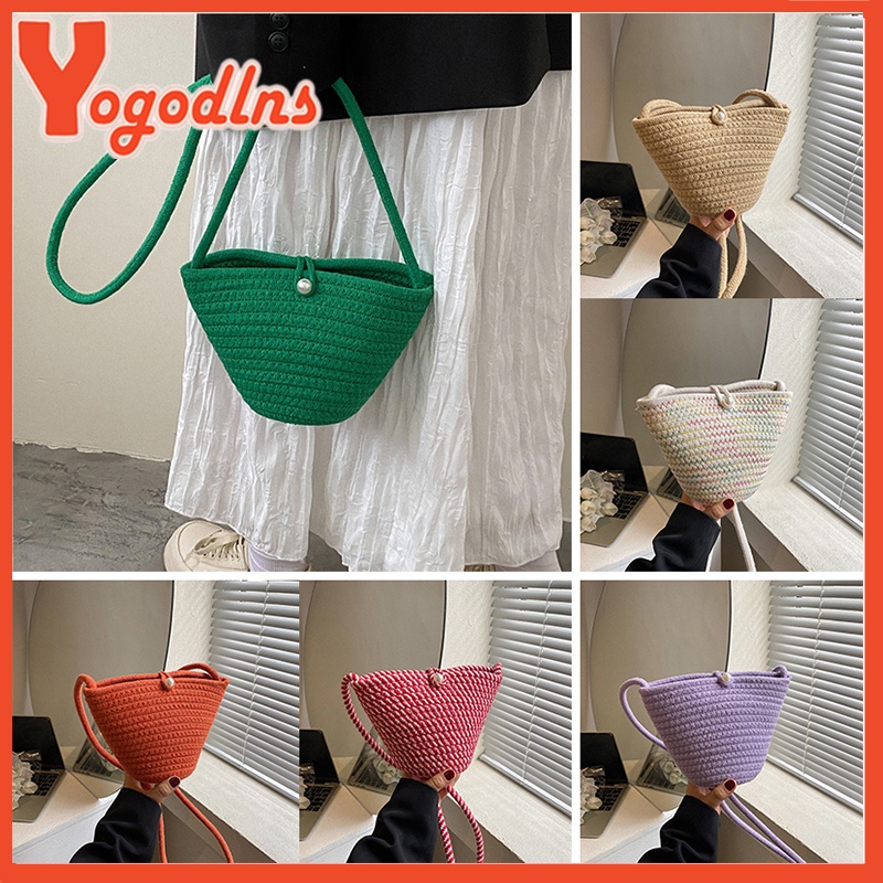 Yogodlns Summer Bohemia Straw Bucket Bags for Women Rattan Braided ...