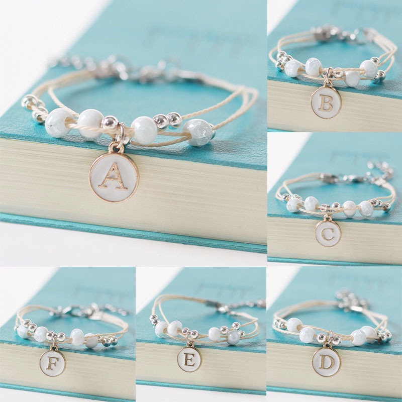 Fashion 26 Letters Bracelet Ceramic Round Bead Alphabet Elastic Beaded Bracelet Adjustable Pendant Bracelet for Men's and Women's Jewelry Accessories