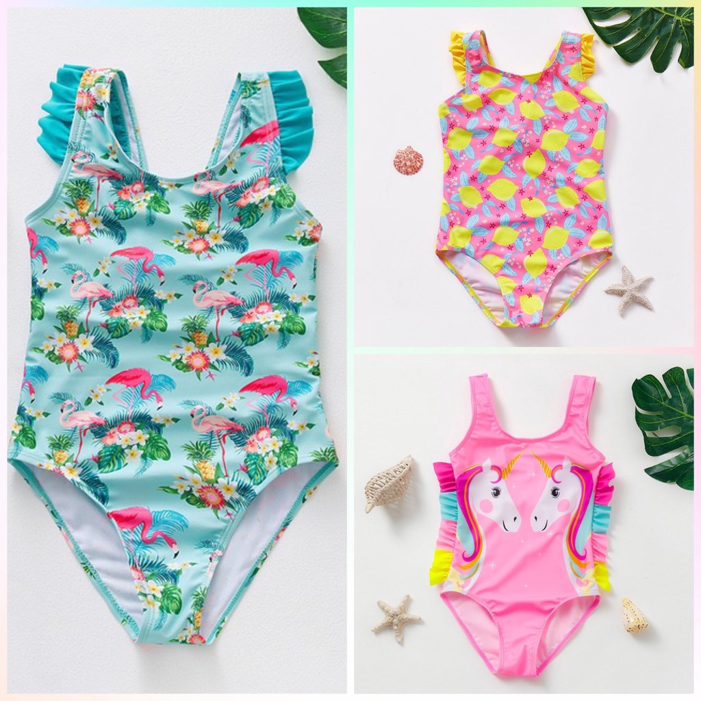 Moms_Kiss Rainbow Unicorn Swimsuit Tropical Swimwear Ruffle One-piece Girls Swimsuit for Kids