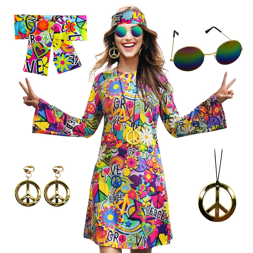 6 Pieces Set 1960's 1970's Hippie Dress Costumes Necklace Earrings Sunglass Women Disco Outfit, 60s Party Costume, Halloween Cosplay Costume Dress Disco Costume Christmas Party