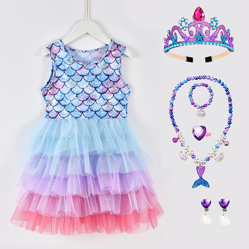 Mermaid Dress-Up Crown Necklace Jewelry Scale Mesh Cake Dress for Party Birthday Costume