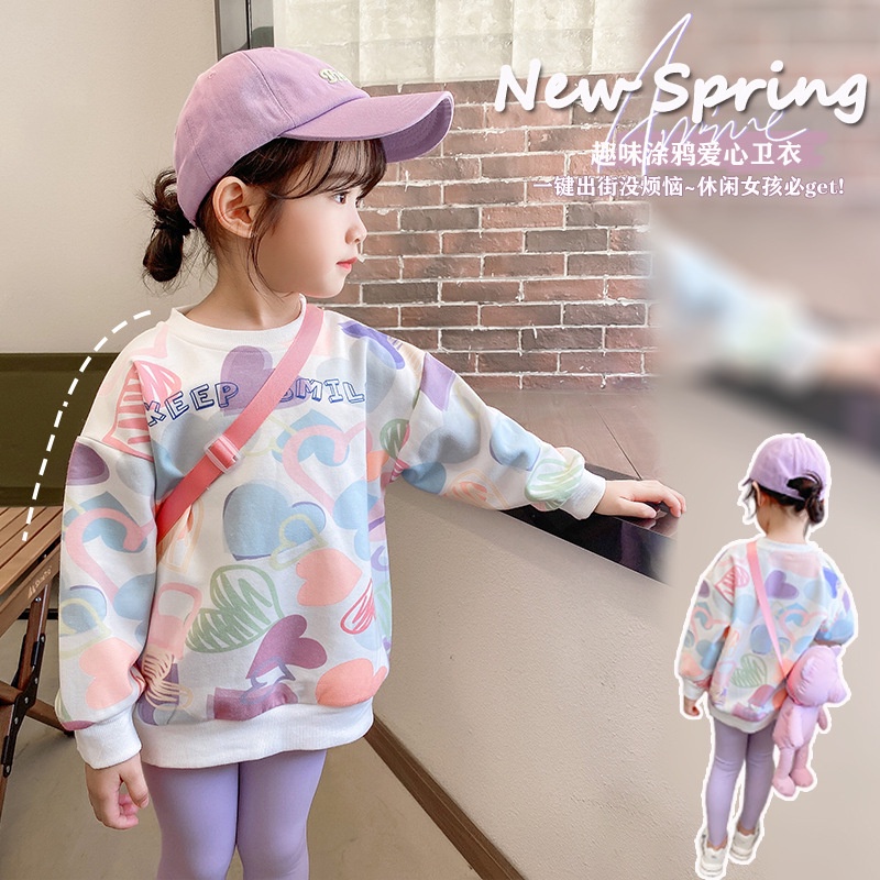 [ML] 90-140cm Spring Autumn New Style Girls Children's Clothing Long-Sleeved Fun Graffiti Love Printed Sweatshirt Middle Big Children Children Casual Top Trendy