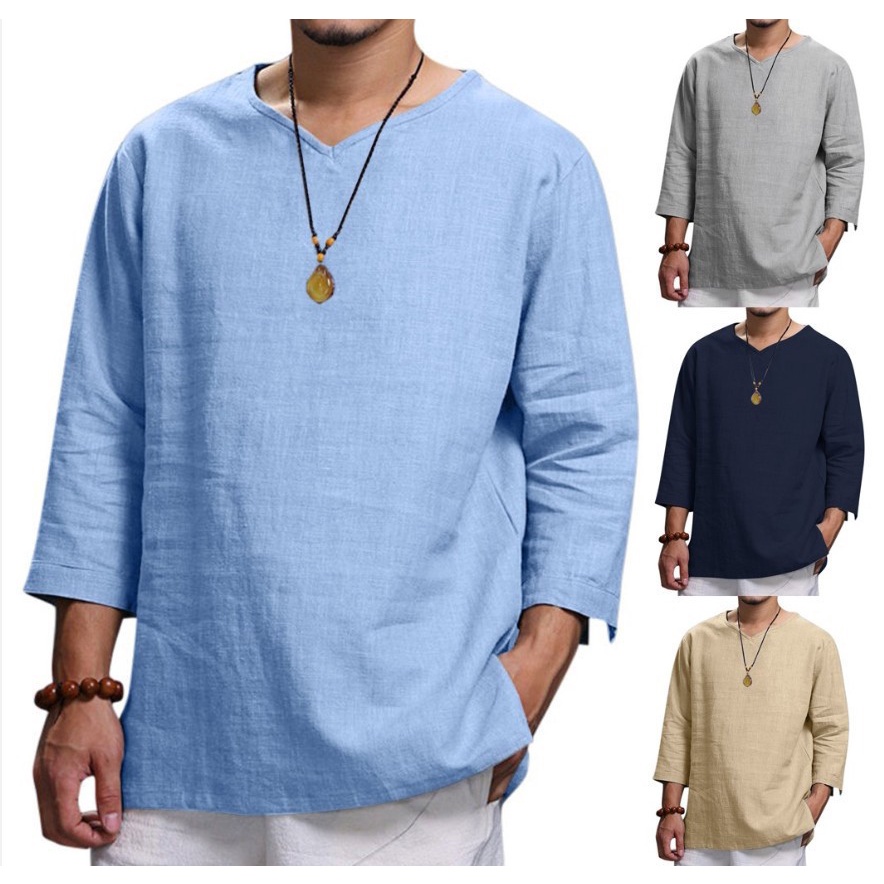 Summer New Men's Thin Cotton Loose Casual Pullover V-neck Three-quarter Sleeve Polo Shirt Plus Size Black Light Blue Khaki Navy Blue Gray Beige