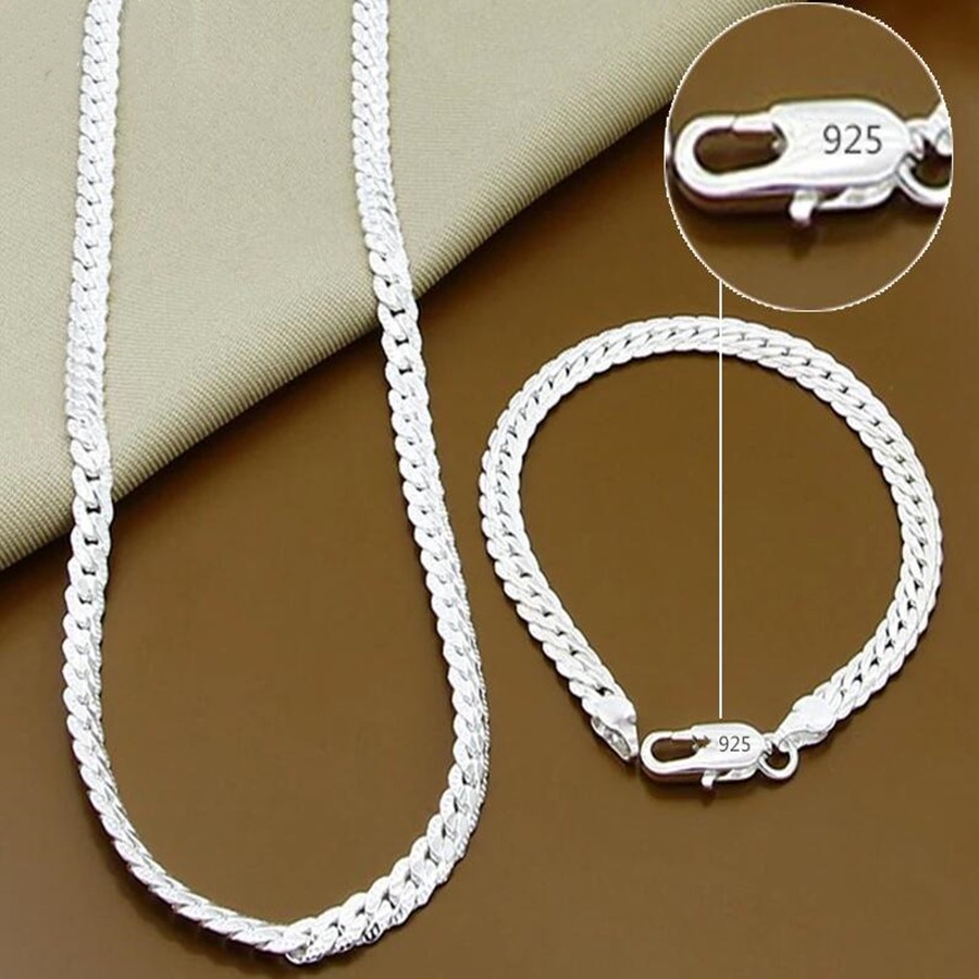 Fashion 925 Stamped Silver 6MM full chain Necklace Bracelet Fashion Jewelry For Women Men Sets Wedding Gift 45/50/55/60cm