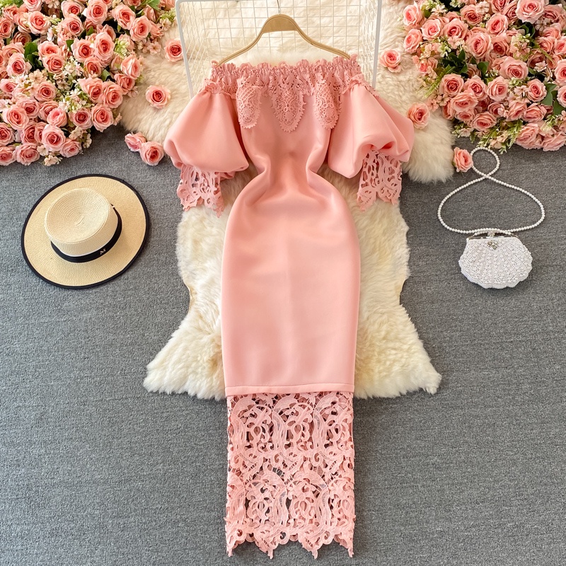 Women Korean Fashion Vintage Slim Red Wrap Hip Tight Dress Summer Lace Strapless Lantern Sleeves One Line Neck Sexy Party Dresses