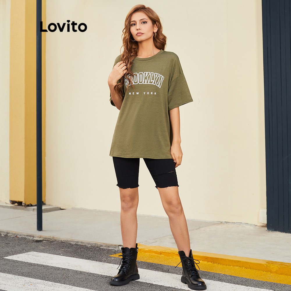 Quality Purpose Lovito Korean Style Oversized T-Shirt Women / Men Vintage Letter Print Loose Round Neck Tops Plus Siz... - Image 2