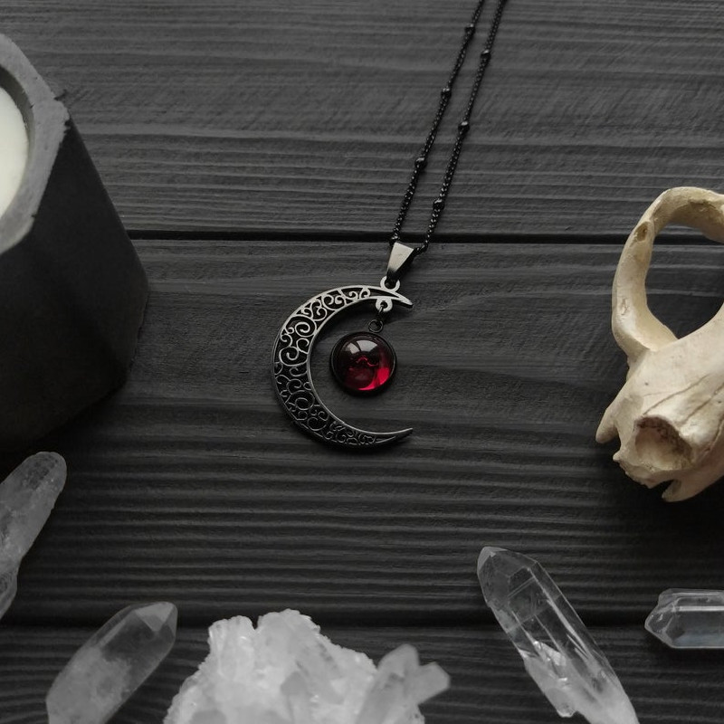 Goth Crescent Moon Necklace Dark Red Pendant Wiccan Witch Statement Mystical Charm Amulet Halfmoon L