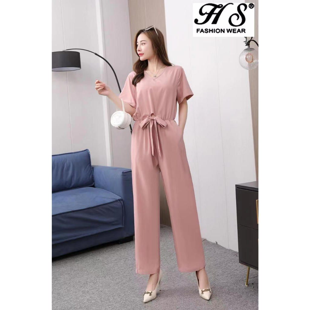 HS*40024*Women Elegant linen wide Leg and V-neck Jumpsuit casual short sleeve Jumpsuit*40024
