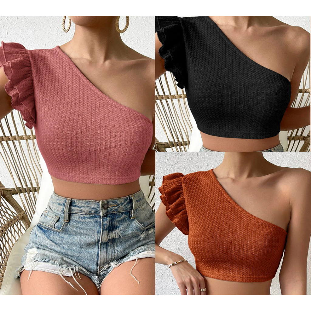 KILY.PH Casual Tops One Shoulder Ruffle Shirt Plain Basic Croptop Fashion OOTD 6A0249