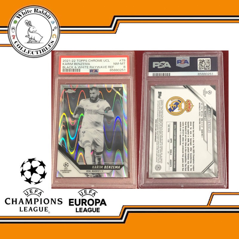 UCL TOPPS CHROME 2021-22 - Karim Benzema Black & White Raywave Refractor PSA 8 GRADED CARD