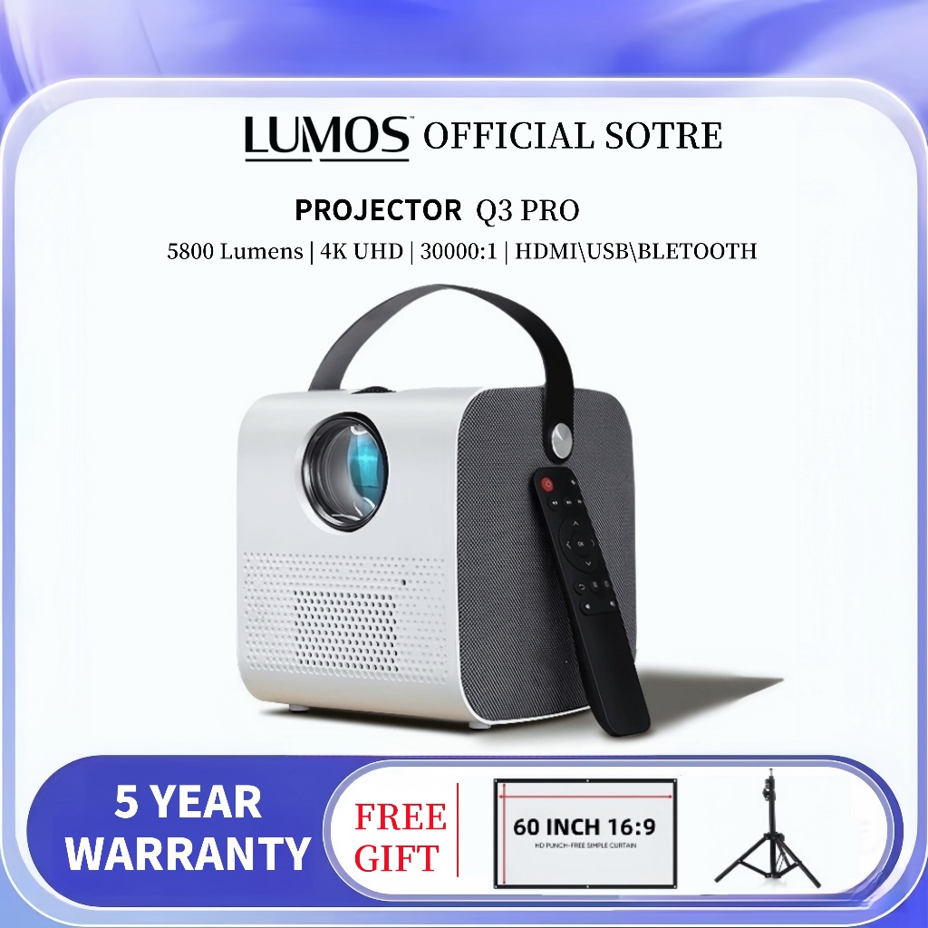 LUMOS Projector Q3 PRO Portable 4K Ultra HD Projector OS Android WiFi Bluetooth HDMI USB Projector