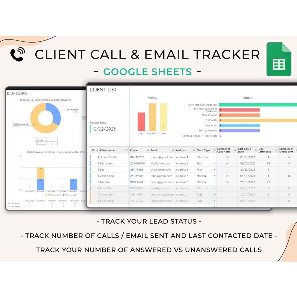 Digital Planner, Client Call Tracker & Email Tracker, Google Sheets, Call Log, Small Business Templa