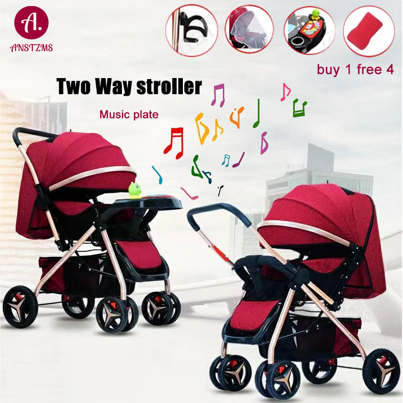 Baby Infant Stroller Reversible Handle Recline Adjustable Back Rest for Toddler with Canopy music pa