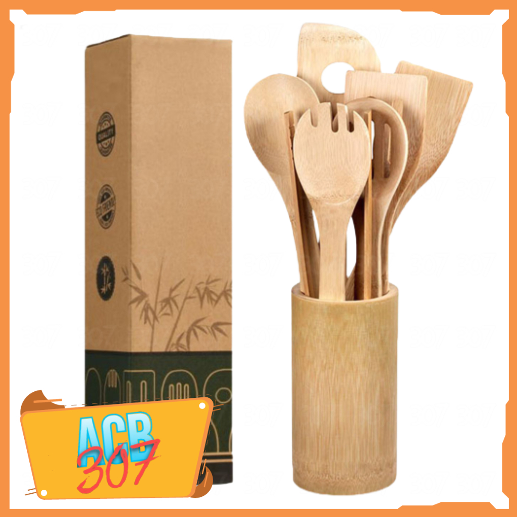 307 8 in 1 Eco Friendly-Bamboo Kitchen Utensil Set Tool Kitchenware (Bamboo Utensil Holder Included