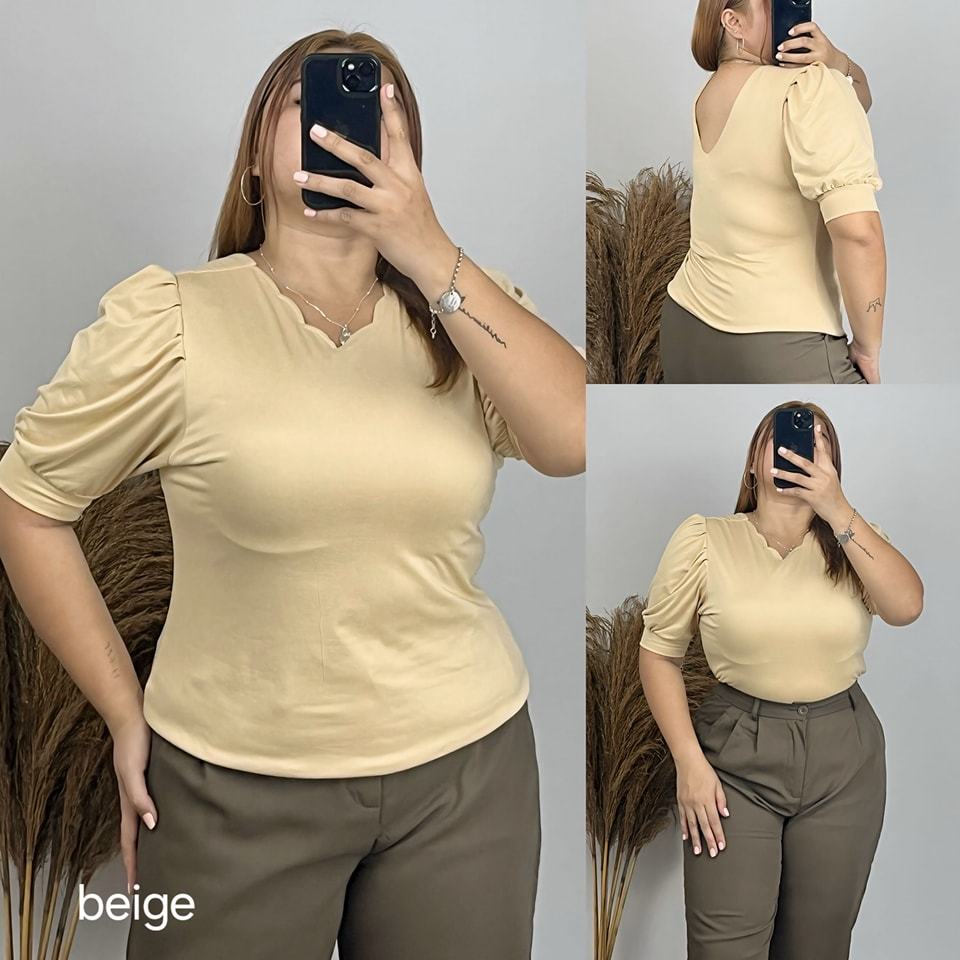 Plus Size Chubby Women BLOUSE TOP Scallop Double Lining V-back Cotton Spandex in Plain AURORA