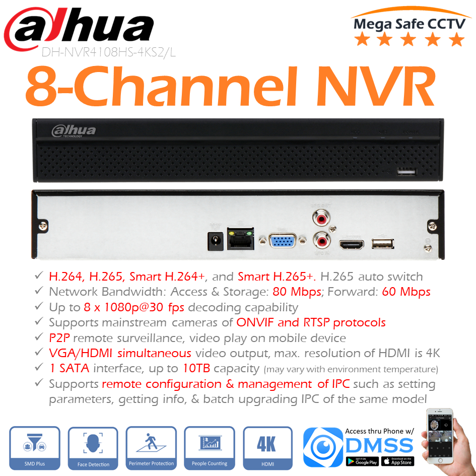 Dahua DHI-NVR4108HS-4KS2/L 8CH 4K H.265 NVR Adaptive Decoding 4K Network Video Recorder