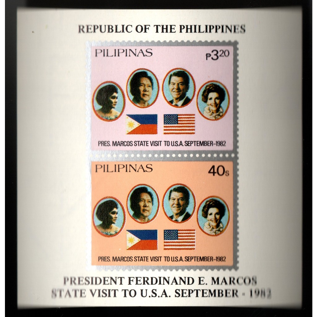 1982 President Marcos State Visit to the USA Mint Souviner Stamp Sheet 2 Value Postage Stamps