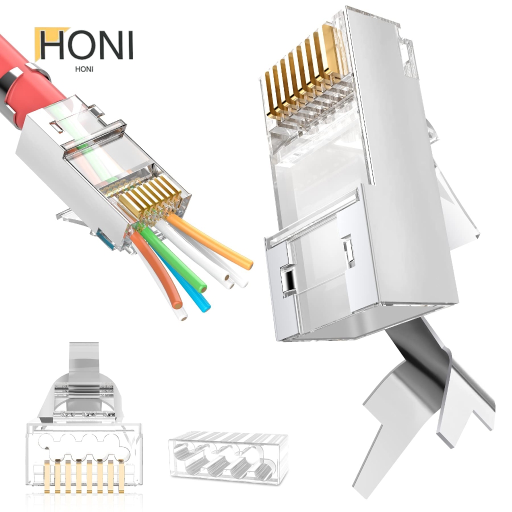 50P CAT7 Shielded Gold-Plated RJ45 Pass Through Connector 10Gbps for CAT6A/CAT7 Cable with Load Bar