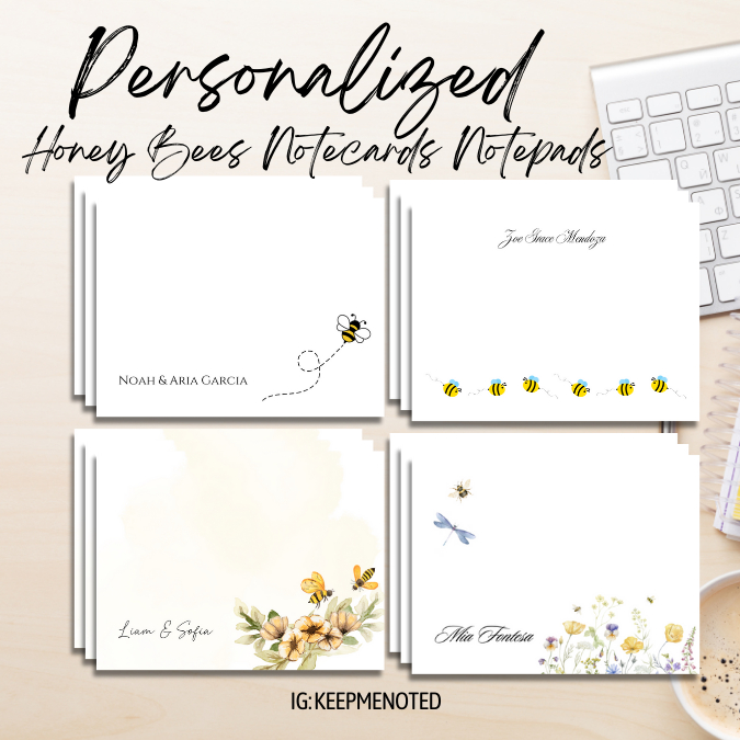 Personalized Honey Bees Watercolor Cute Kawaii Notecards Notepad Note Card Gift Card Memo Pad Events