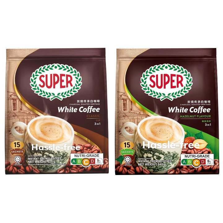 SUPER CHARCOAL ROASTED HERITAGE WHITE COFFEE 3-IN-1 CLASSIC (15's x 525g)/HAZELNUT (15's x 495g) MAD