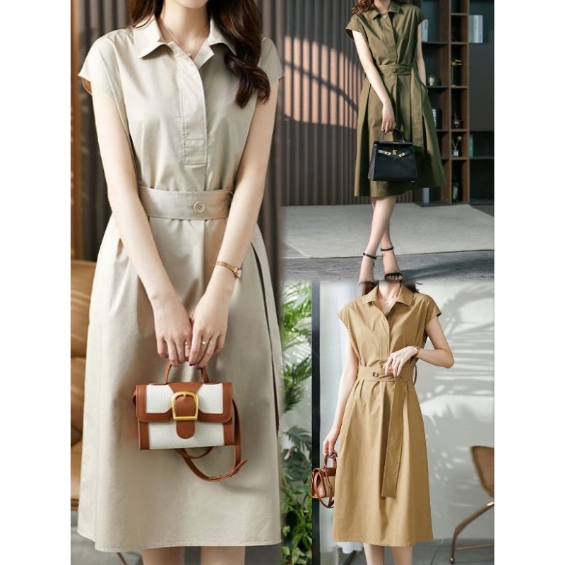 baao Short Sleeves Bandage Solid Color Lapel Midi Dresses