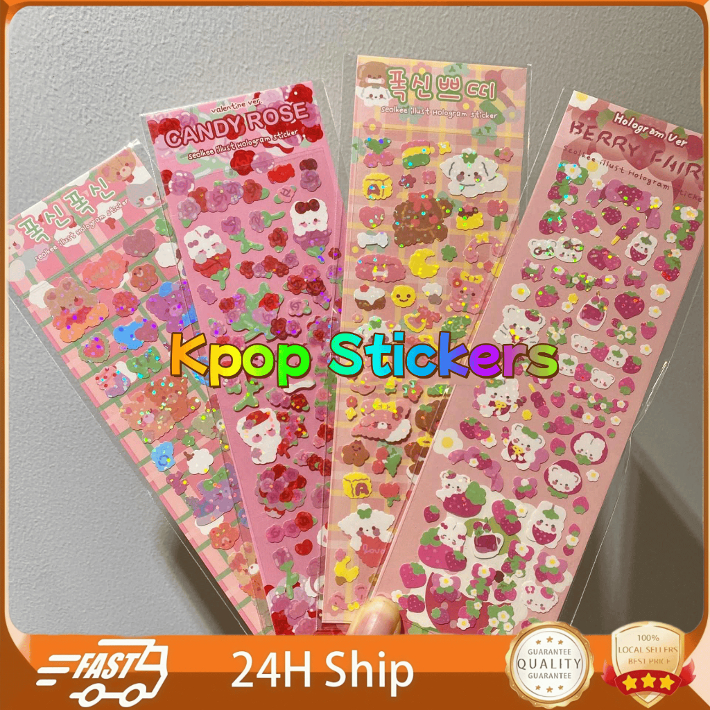 Glitter Holographic Bear Guka Stickers, Cute Kpop Scrapbook Decor & Strawberry Floral Photo Card Kit