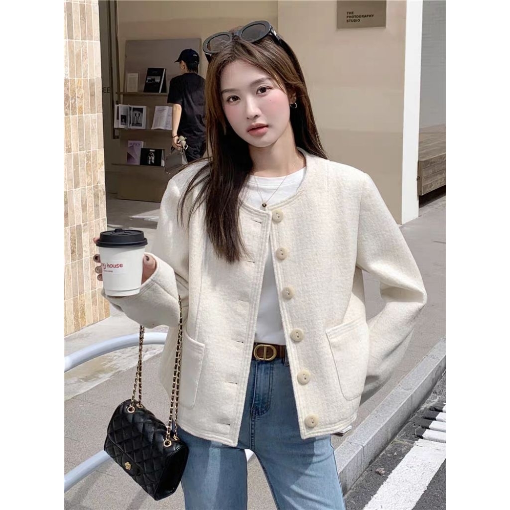 baao Fashion Korean Two pocket buttons Tweed Cropped Jackets