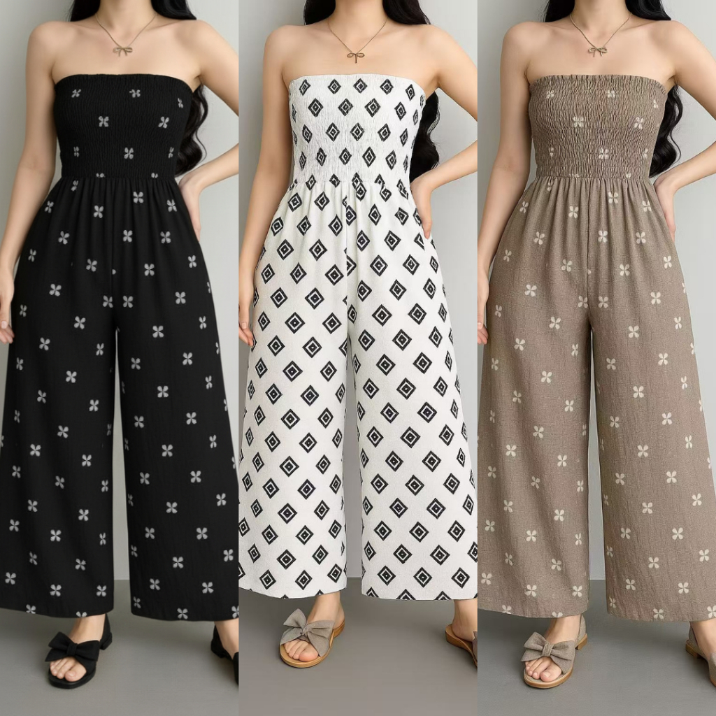 【Lucky girl】Owla Fashion Smocking Tube Jumpsuit Wideleg Style Womenswear 1732