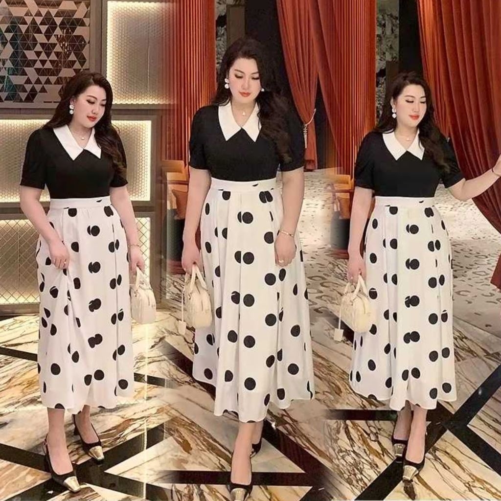 baao Black Peter Pan Collar Top + White Polka Dot Maxi dress