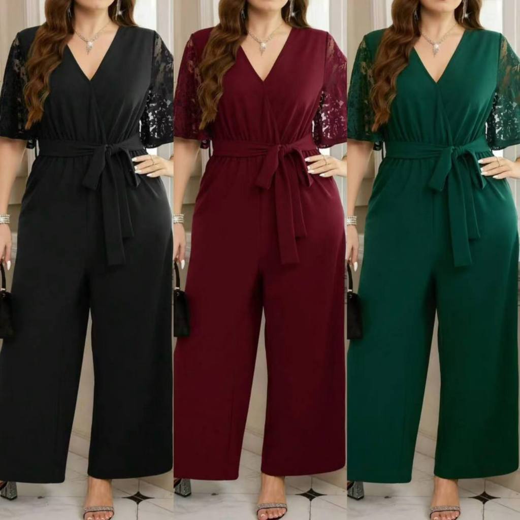A3599 Uyua Surplice V-neck Patchwork Lace Ruffe Sleeve Plus Size Jumpsuit w/ Belt Jumpsuit Plus Size Jumpsuit Woman