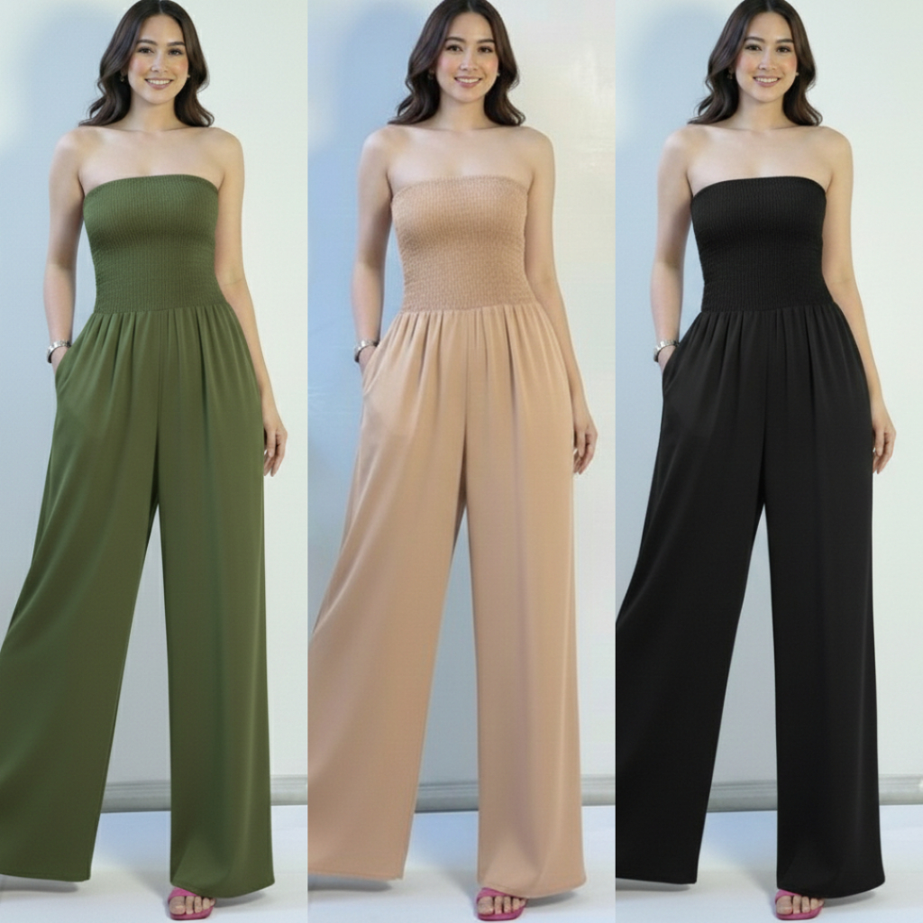 【 online_ph】Owla Plain Fashion Smoked Wide leg with one pocket Women's Jumpsuit Jumpsuit Woman
