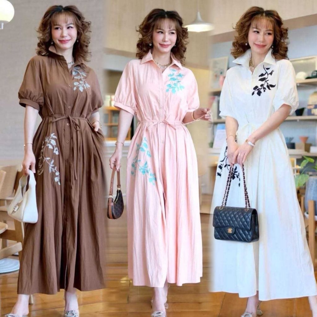 baao Embroidered Flowy Silhouette & Delicate Floral Details Shirt Dress