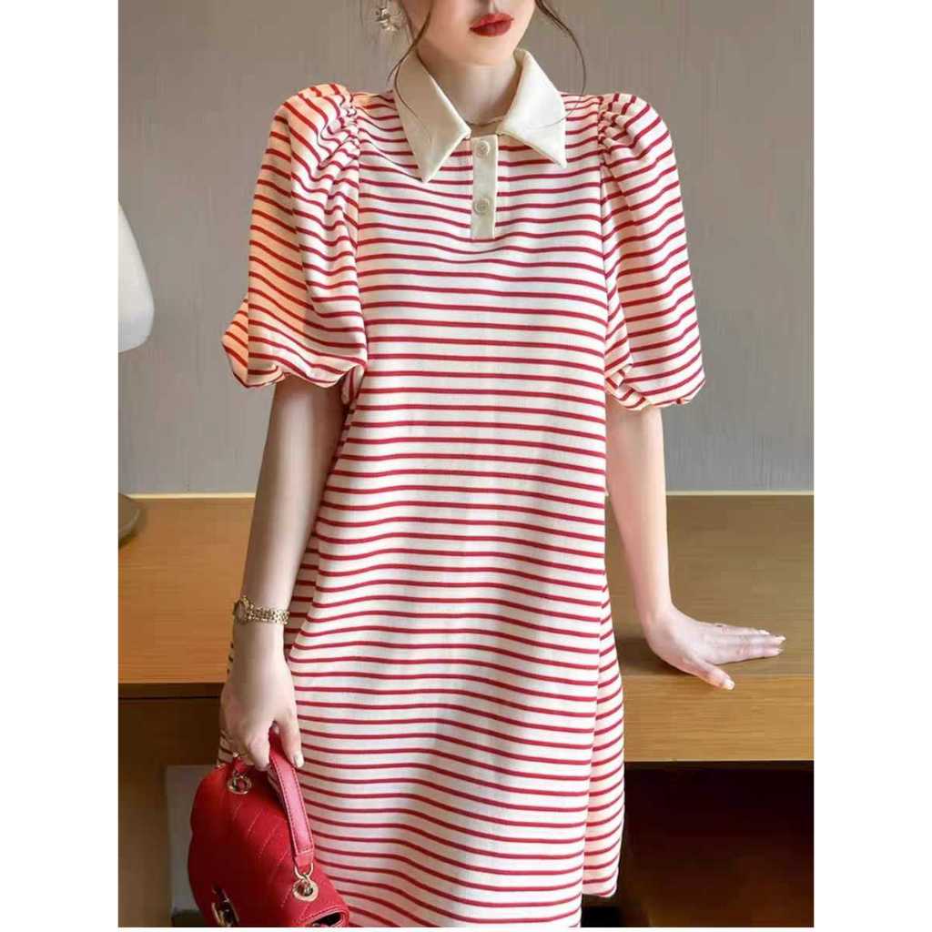 baao Women's Puff Sleeve Collared Shift Striped Polo Dress