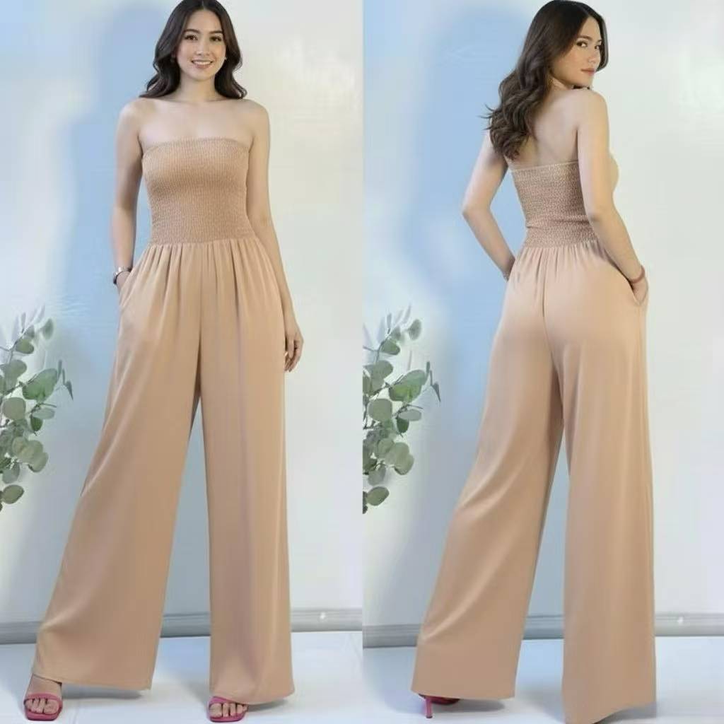 Owla Plain Fashion with one pocket Smocking Wide leg Women's Jumpsuit 1840