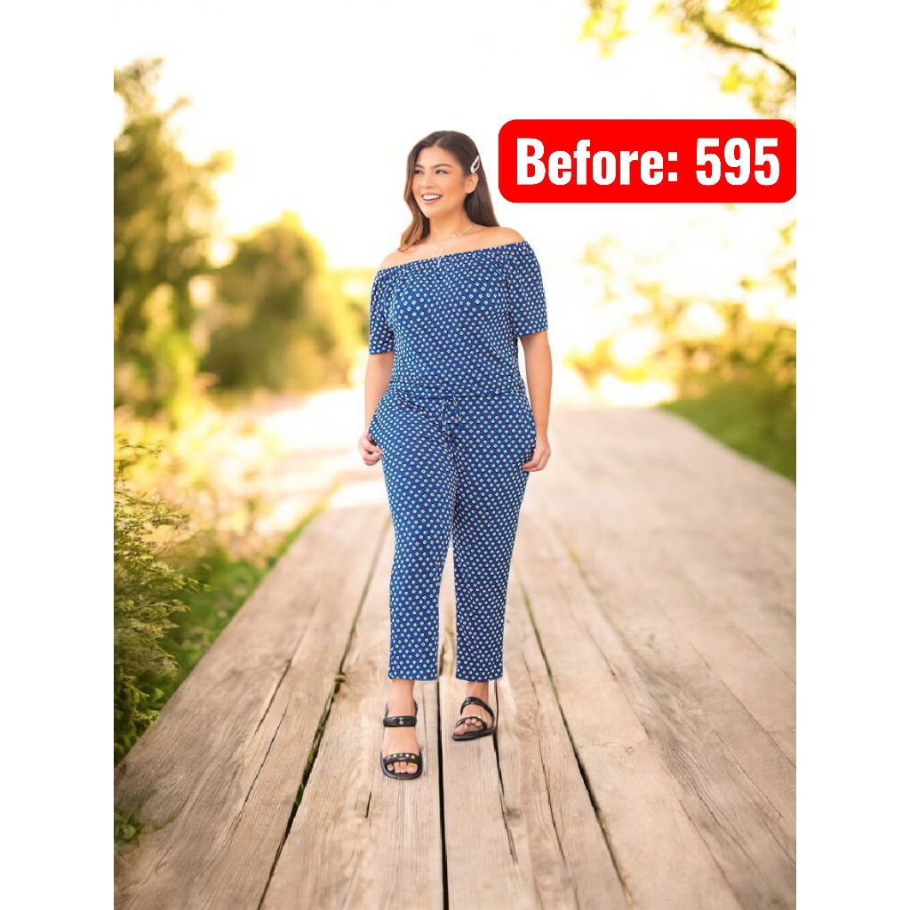 natasha Plus Size Jumpsuit, Off Shoulder With Drawstring, Multicolored Print Jumpsuit