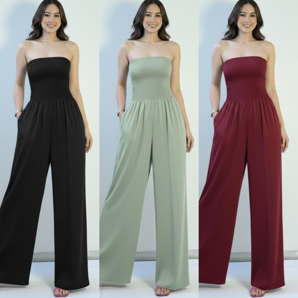 【Lucky girl】Owla Plain Fashion with one pocket Smocking Wide leg Women's Jumpsuit 1840
