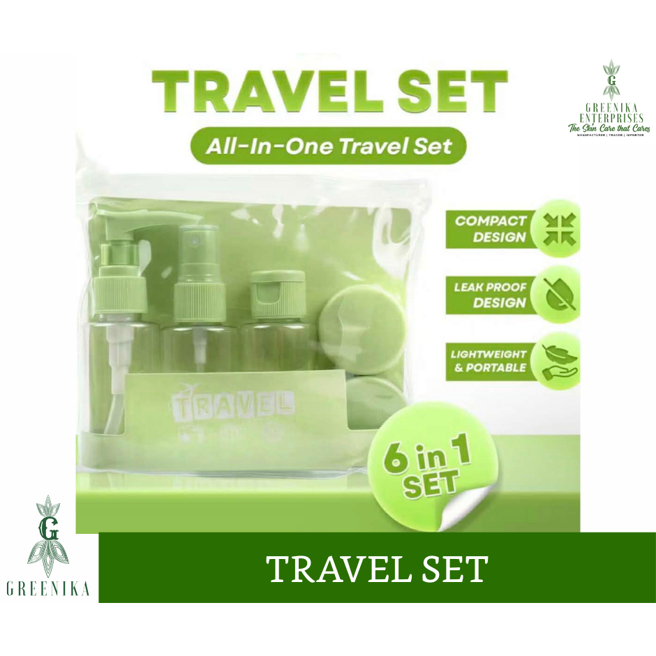 [ 6 IN 1 BEAUTY TAVEL SET ] Greenika Packaging Empty Bottle Set for Travel Organizer Travel Bottle Set Travel Kit Toiletries Travel Kit Toiletri Set Travel Size Toiletries